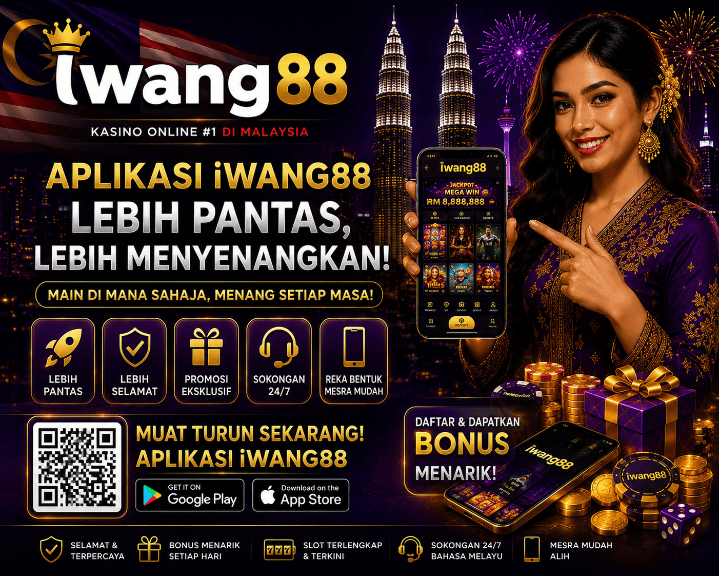 iwang88 - visual utama aplikasi mudah alih Adegan aplikasi mudah alih iwang88 dengan telefon Android, syiling, dan elemen antara muka permainan