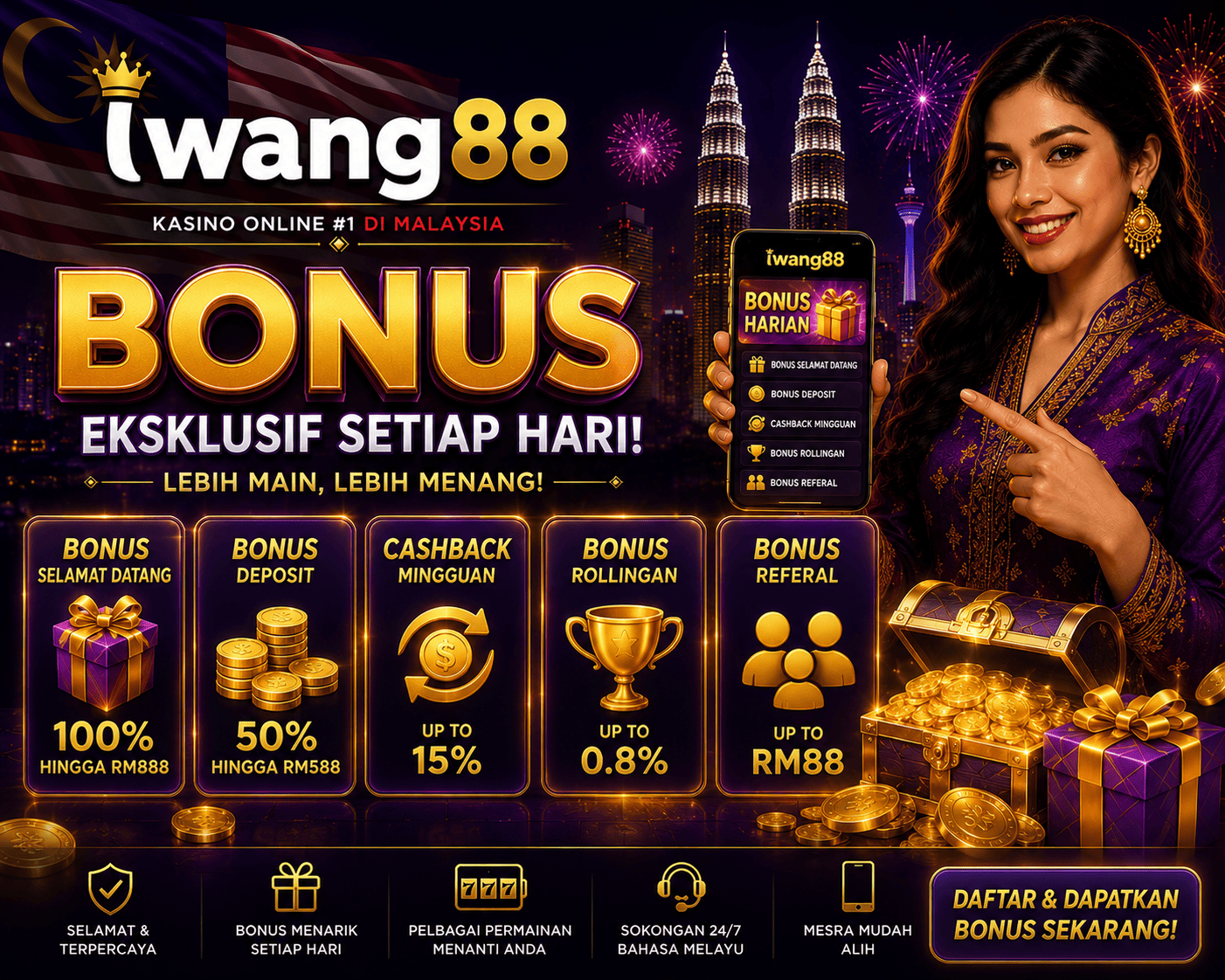 iwang88 - ganjaran bonus dan tawaran alu-aluan Adegan bonus iwang88 dengan kotak hadiah, syiling, dan visual tawaran promosi