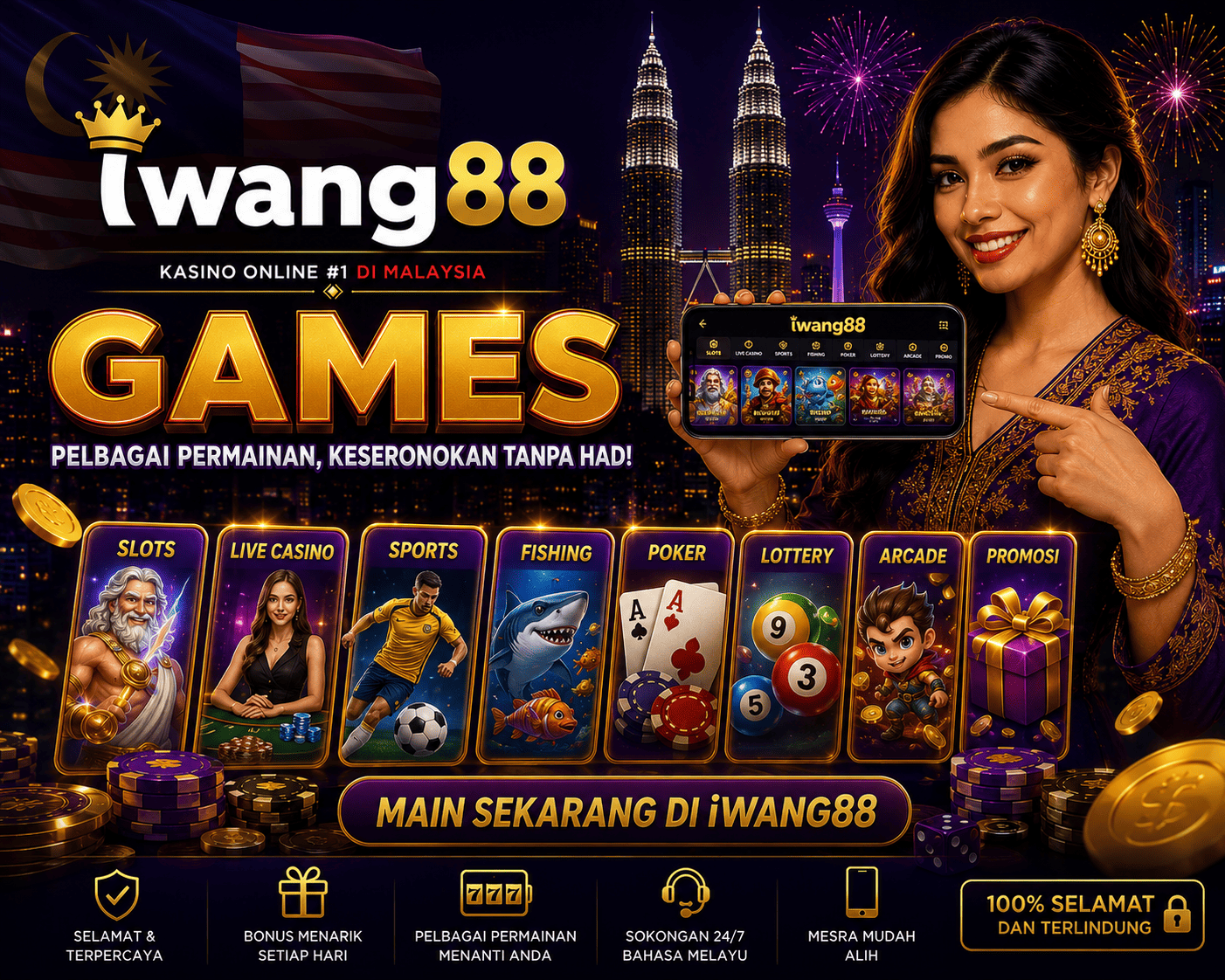 iwang88 - visual utama permainan dan meja live Adegan permainan iwang88 dengan meja live, kad, cip, dan simbol kasino